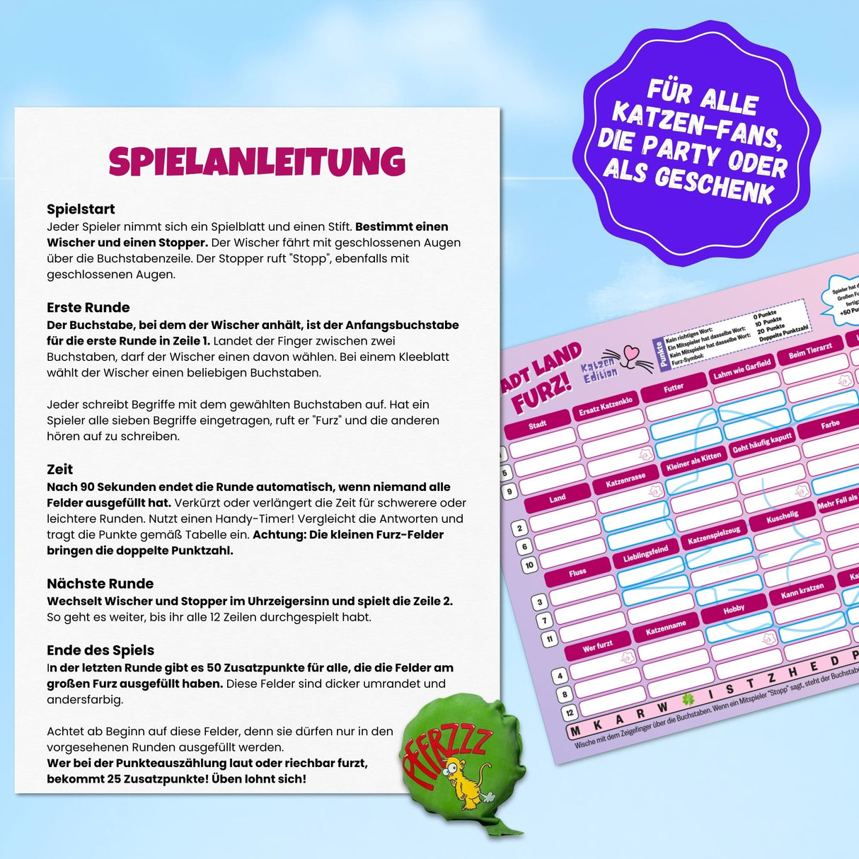 STADT LAND FURZ Katzen Edition - lustiges Quiz für Katzenfans & Familien