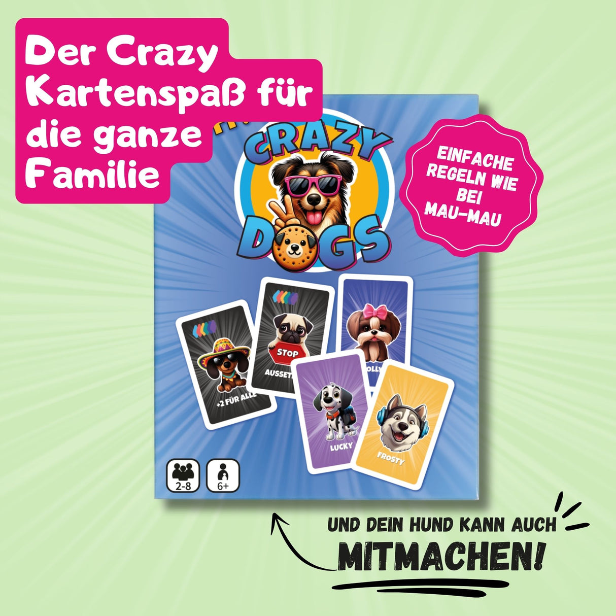 Crazy Dogs Kartenspiel, das etwas andere Uno für mehr Spaß, Hunde können auch mitspielen, MauMau, einfache Regeln