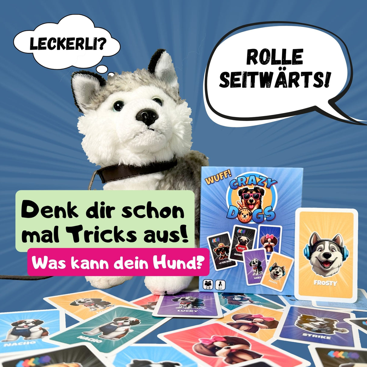 Crazy Dogs Kartenspiel, Hunde können auch mitspielen, Tricks üben, Sitz, Platz, Bei Fuß, Familienspiel