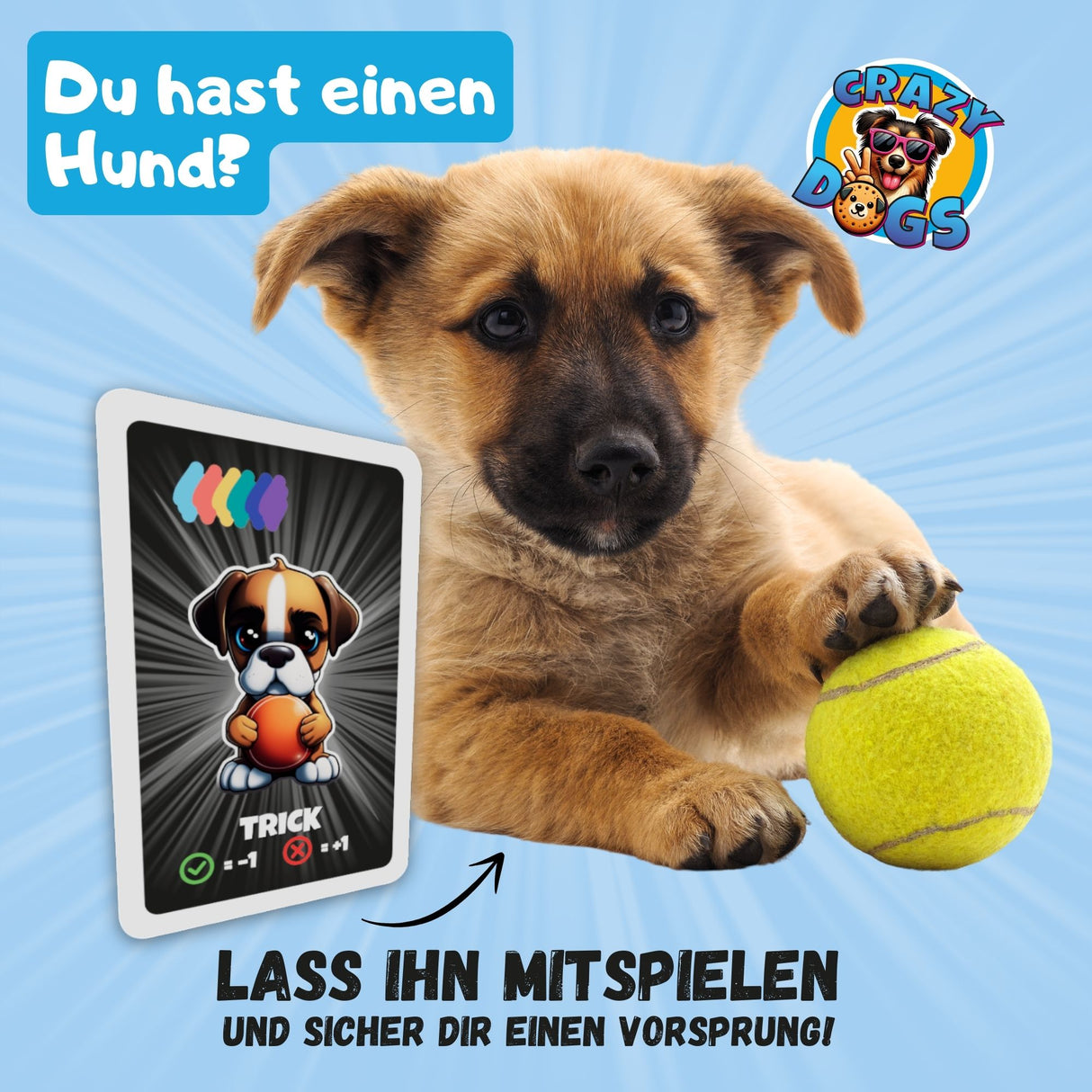 Lass deinen Hund mitspielen durch die Trick Karte bei Crazy Dogs