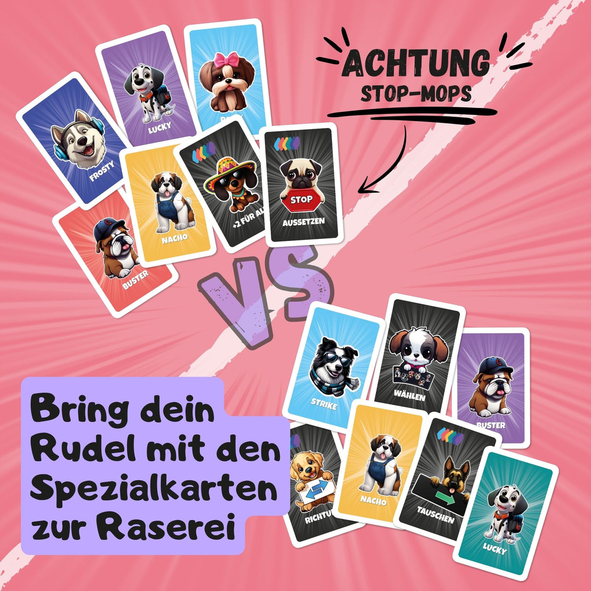 Lustiges Karten-Battle mit dem Crazy Dogs Kartenspiel. So wie Uno nur besser, weil dein Hund dank Spezialkarten auch mitspielen kann