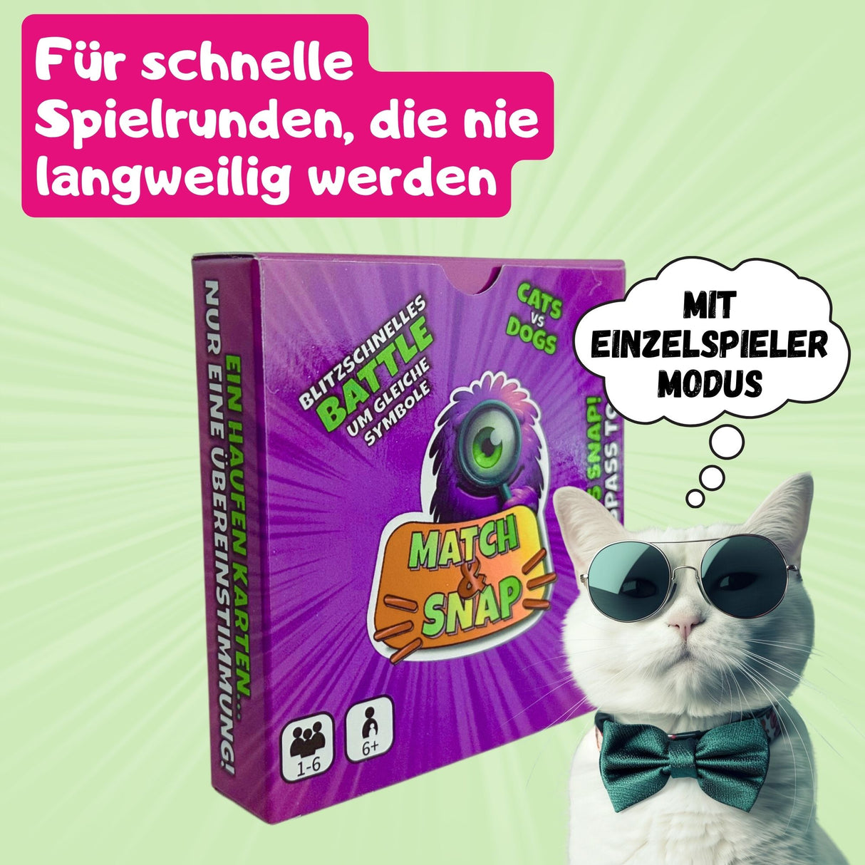 Match n Snap Kartenspiel, Hunde und Katzen Symbole, Einzelspieler Modus, Reaktionsspiel