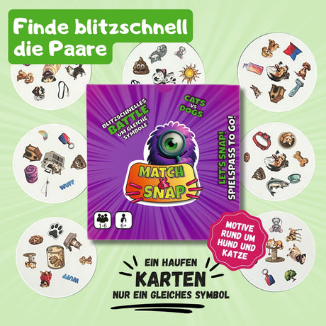 Match n Snap Kartenspiel, für Familien, Hunde- und Katzen Symbole, Tiere, für Familien, Kinder, Erwachsene, Reaktionsspiel, blitzschnell Paare finden