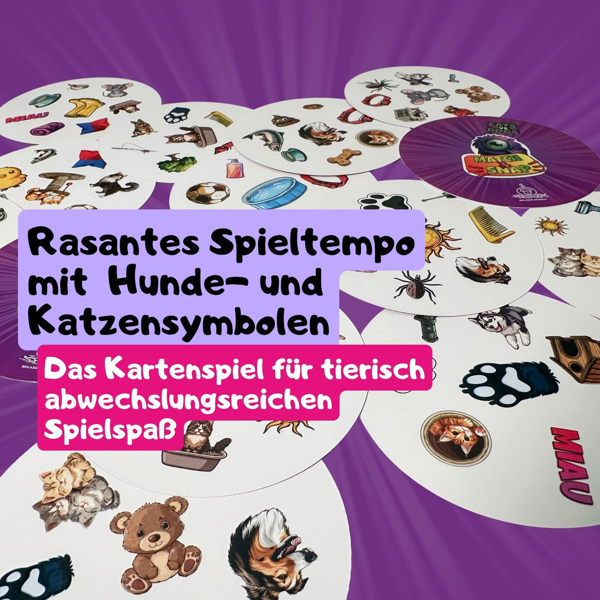 Rasantes Spieltempo, abwechslungsreicher Spielspaß, Match 'n Snap bietet schnelles Spielvergnügen mit Katzen- und Hunde-Symbolen